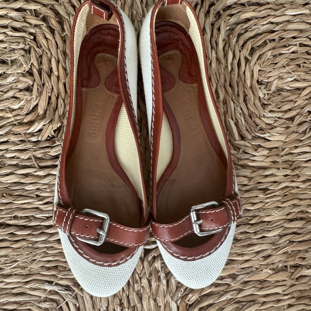 Chloe Cream and Brown Leather-Trim Ballet Flats